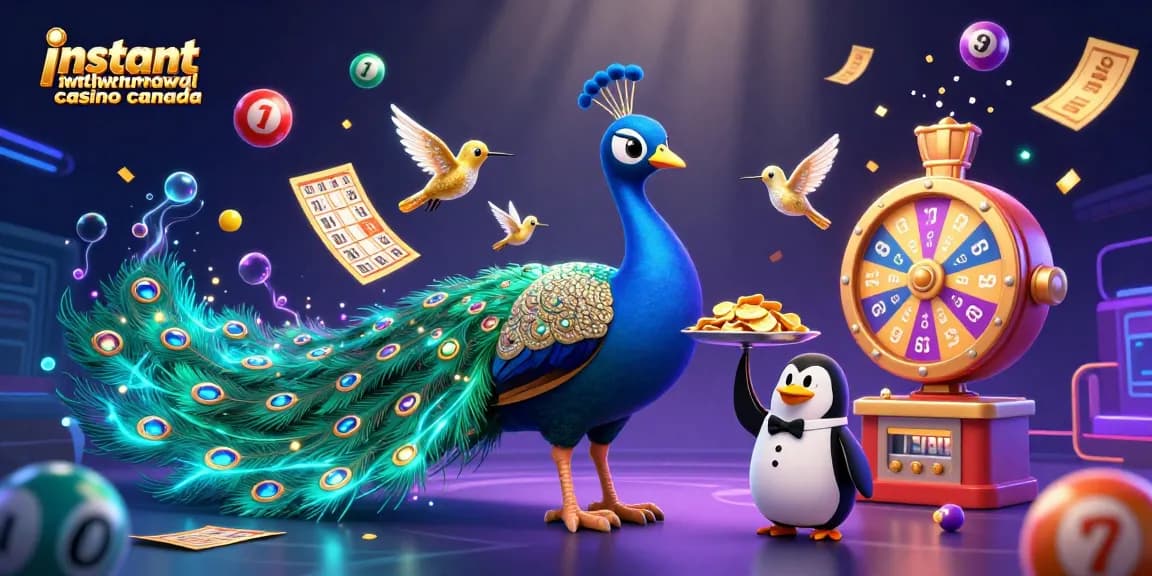 Instant withdrawal casino Canada scene with a peacock, penguin, and hummingbird among colorful casino elements.