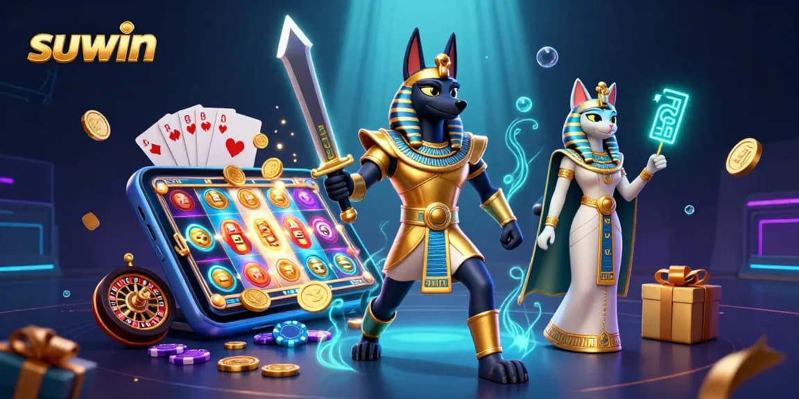 Suwin delivers thrilling gameplay with Anubis and Bastet amidst vibrant slot machines and casino elements.