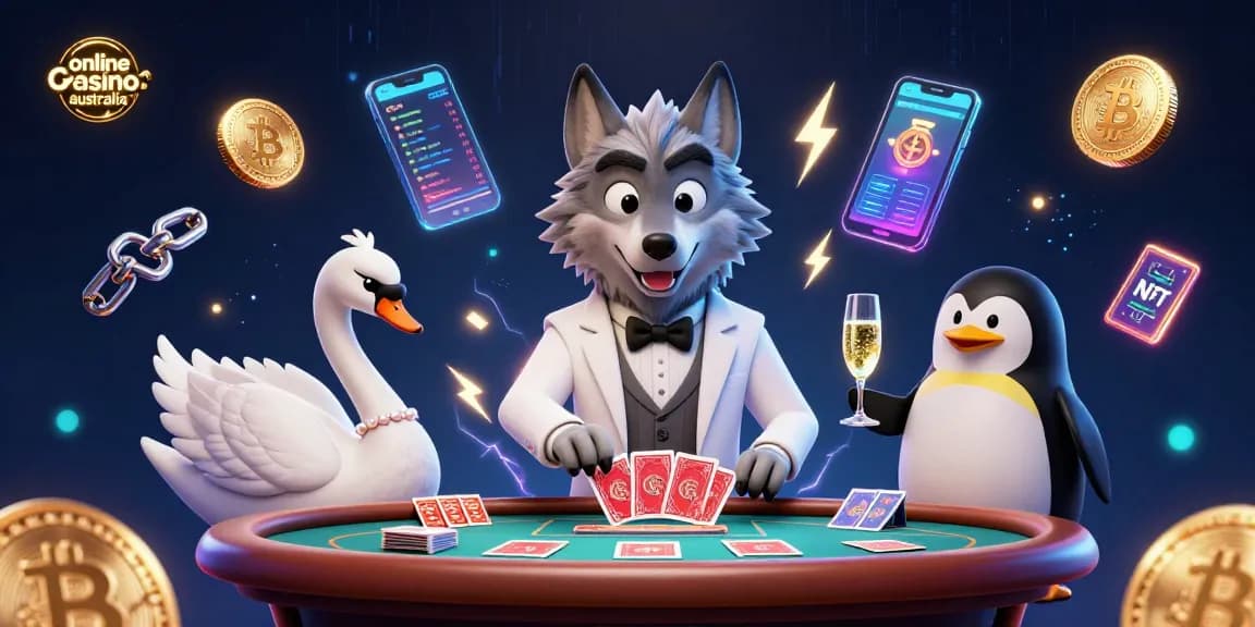 Engage with the vibrant scene of online casino australia featuring a stylish debonair wolf and dealer characters.