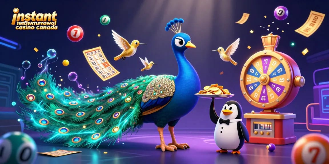 Instant withdrawal casino Canada scene with a peacock, penguin, and hummingbird among colorful casino elements.