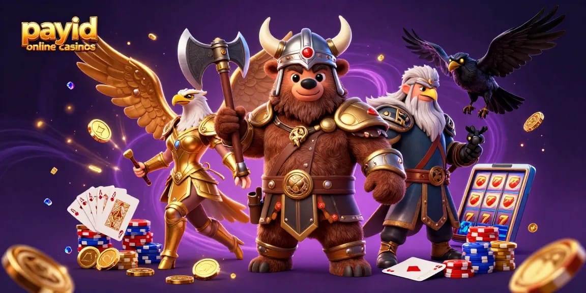 Cascading golden coins and vivid game elements surrounding characters in payid online casinos scene.