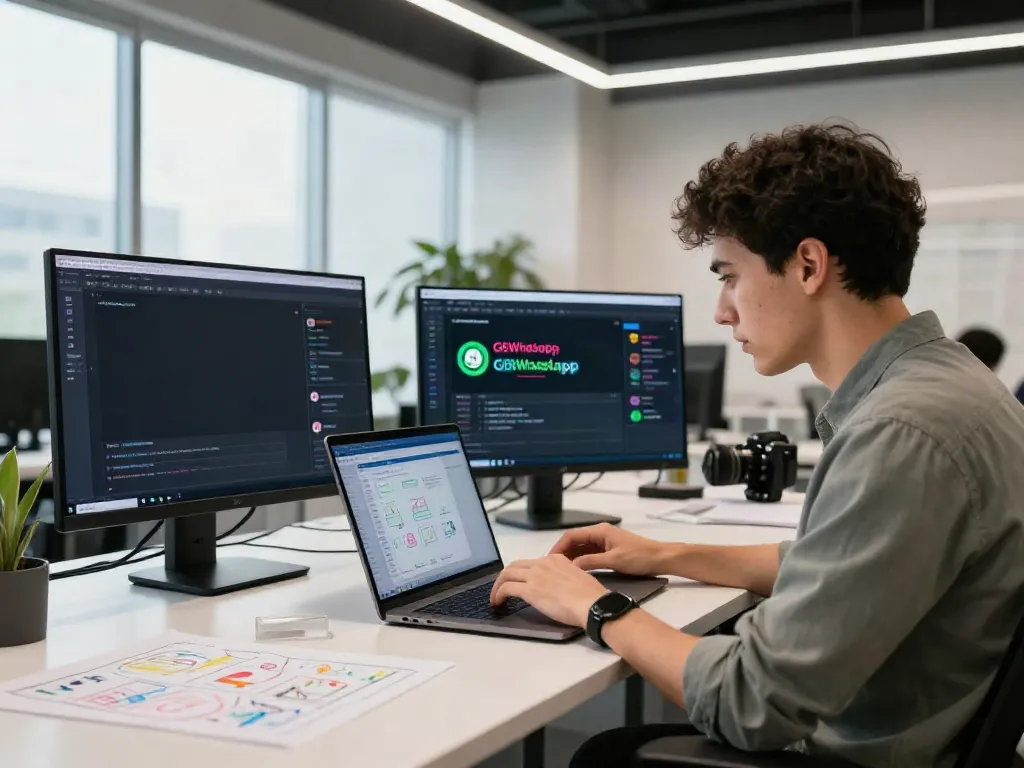Developer coding the latest GBWhatsApp on dual monitors at gbapps.net office