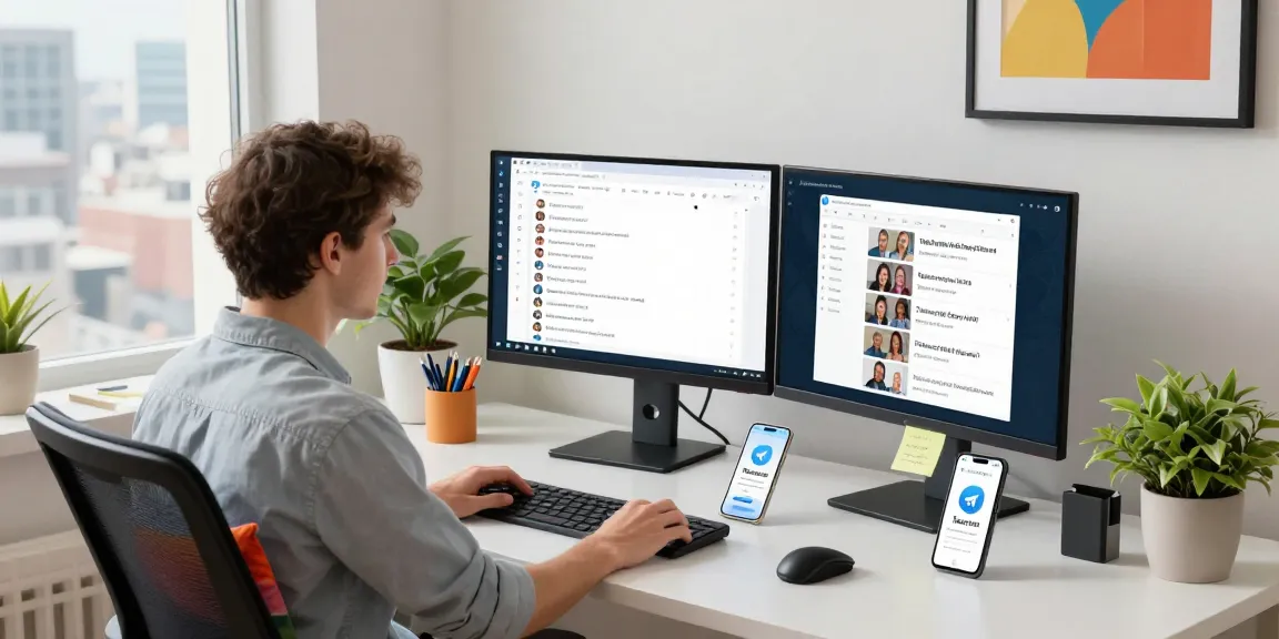 User utilizing the Telegram Web Version on dual monitors in a modern workspace.
