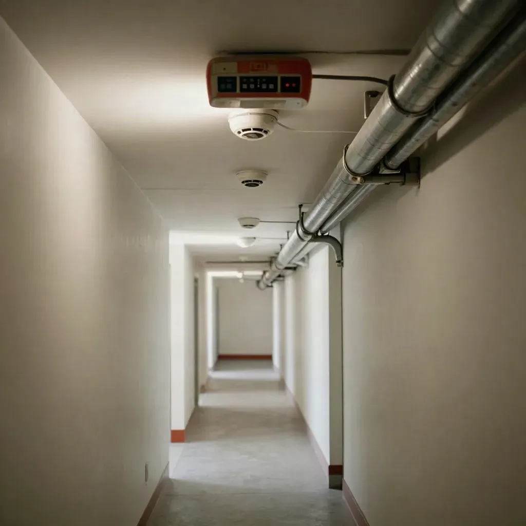Bright fire alarm inspection corridor with detectors, conduit, and calm complete status