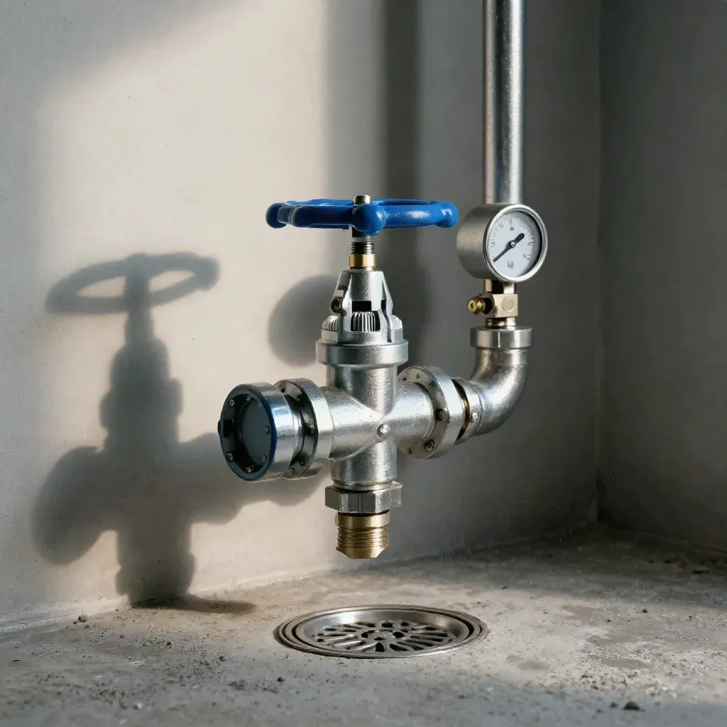 Sprinkler riser, valve, gauge and drain pan in a bright utility room