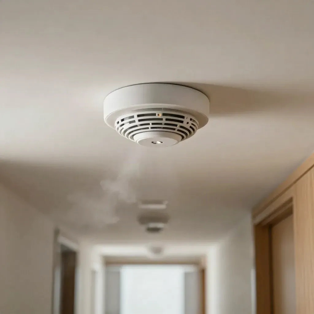 Ceiling smoke detector mid-test with a faint aerosol puff in a bright office corridor.