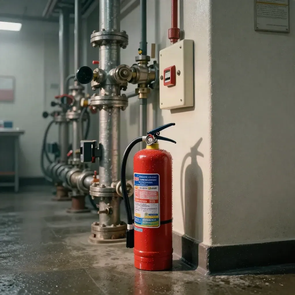 Fire safety equipment in a rain-fresh mechanical room, extinguisher and sprinkler riser lit dramatically