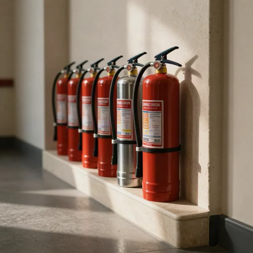 Row of freshly serviced fire extinguishers aligned in a bright wall niche, chest-height view.