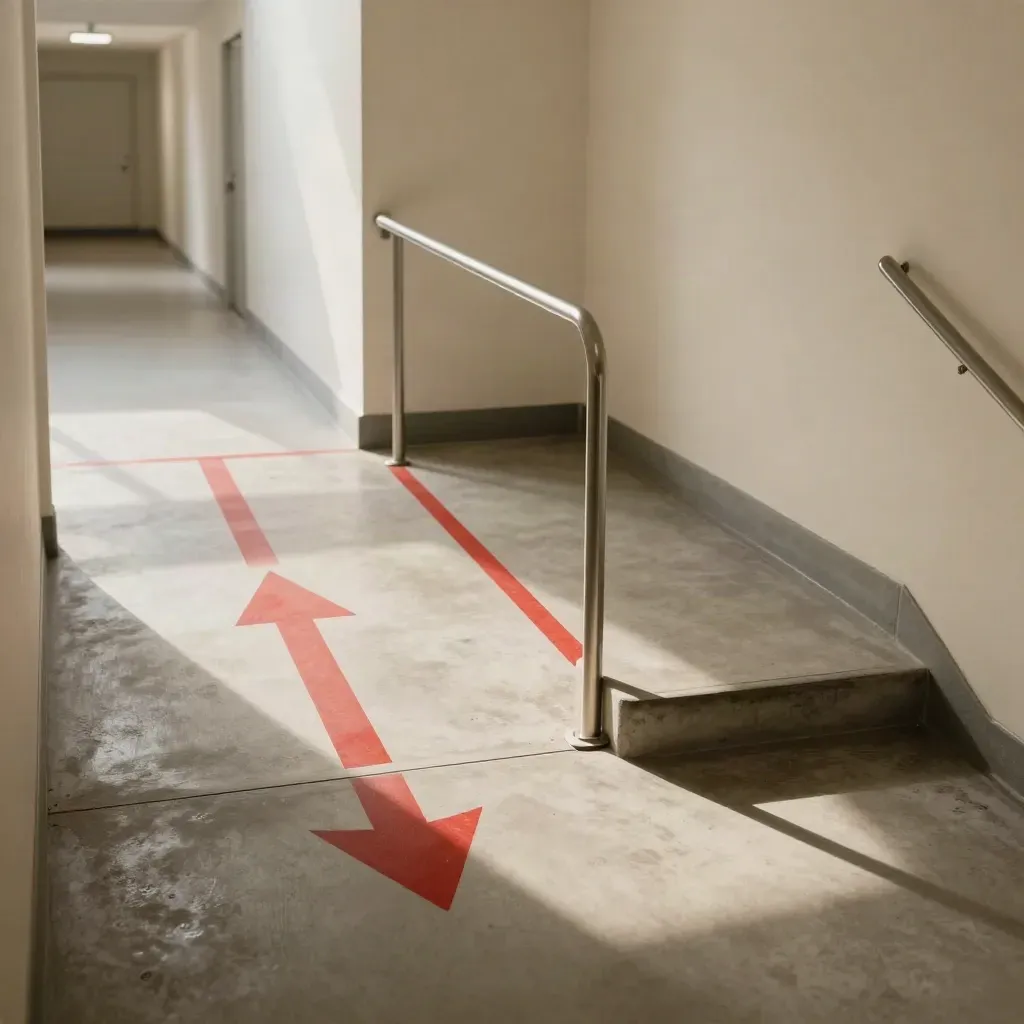 Bright stair landing with red route arrows turning toward a fire door.