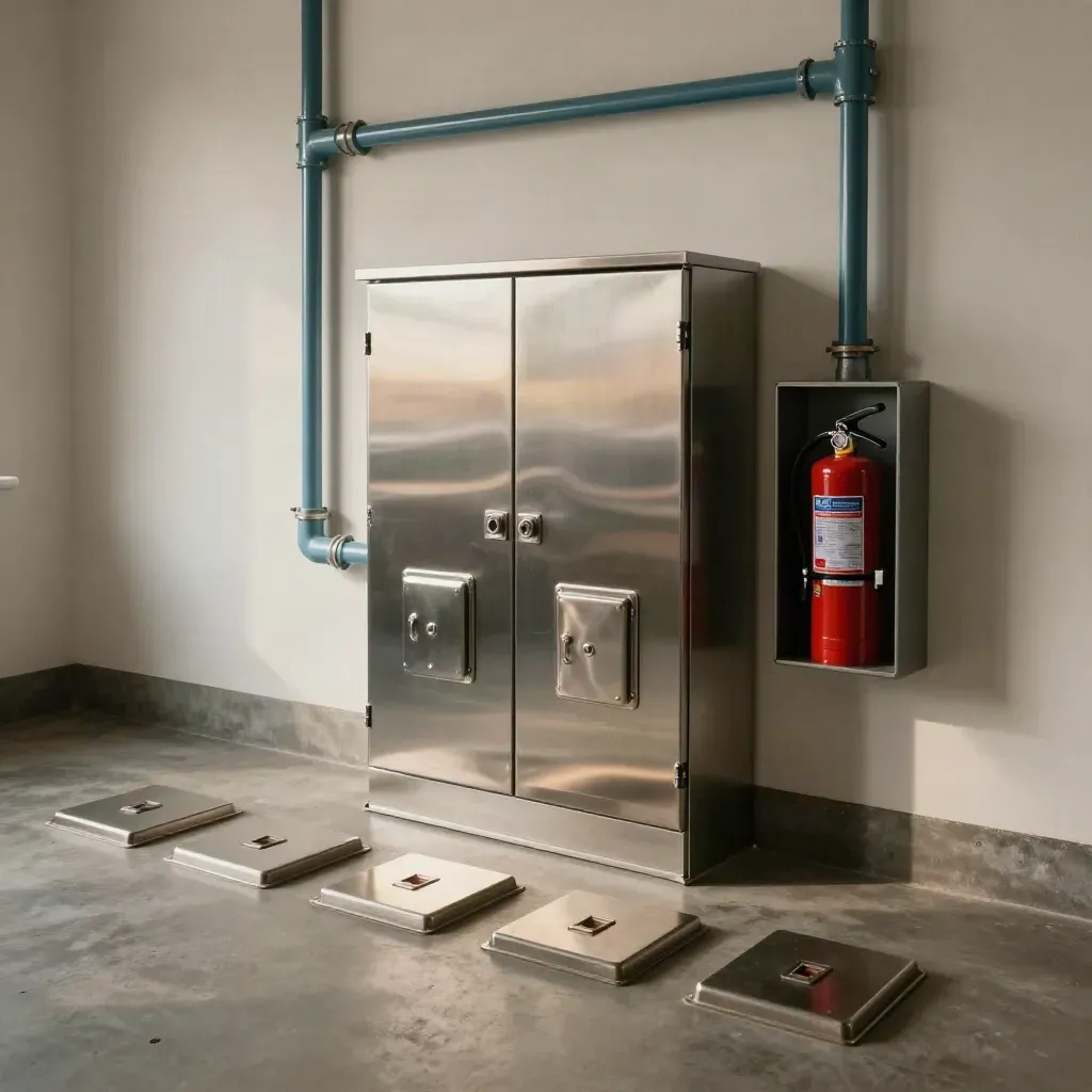 Fire safety audit-ready room with alarms, sprinklers, extinguisher station, and closed panels.