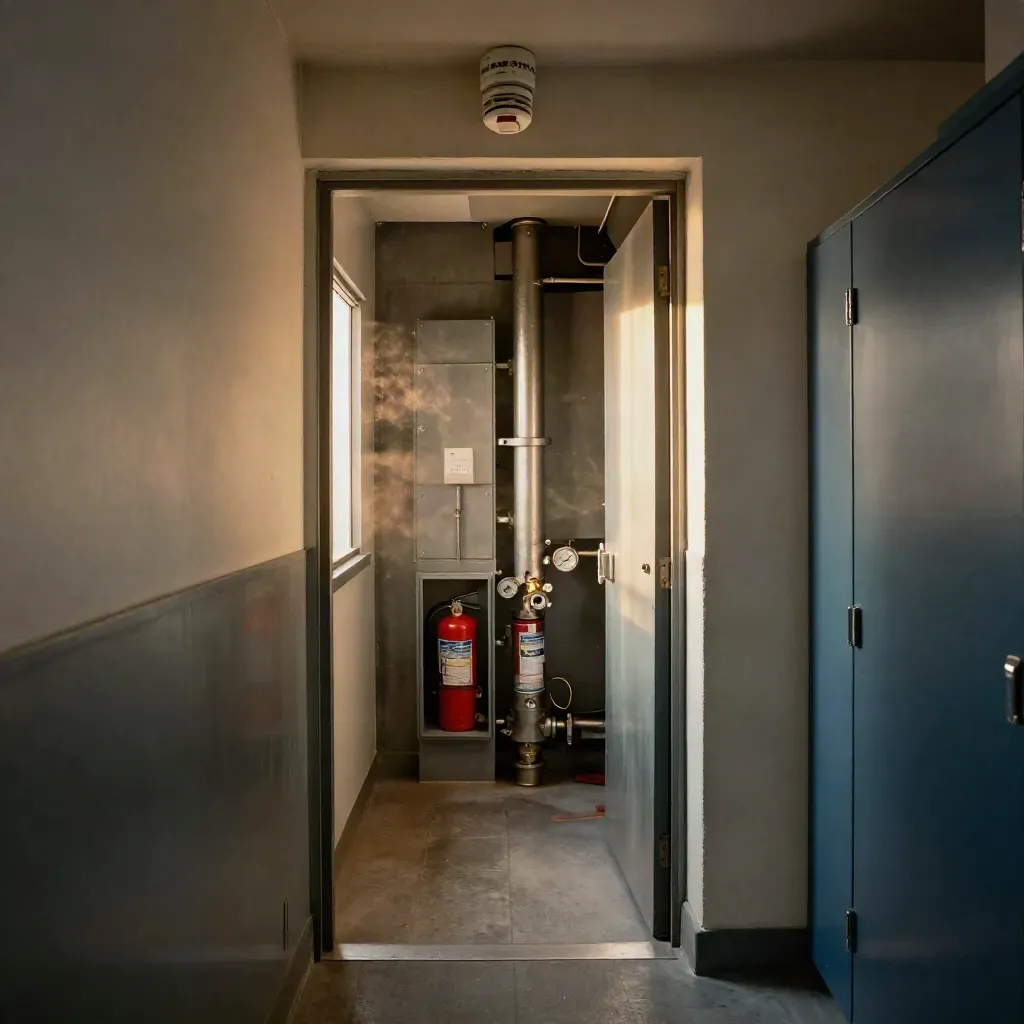 Condo corridor to mechanical room with fresh fire safety equipment and tidy service panels