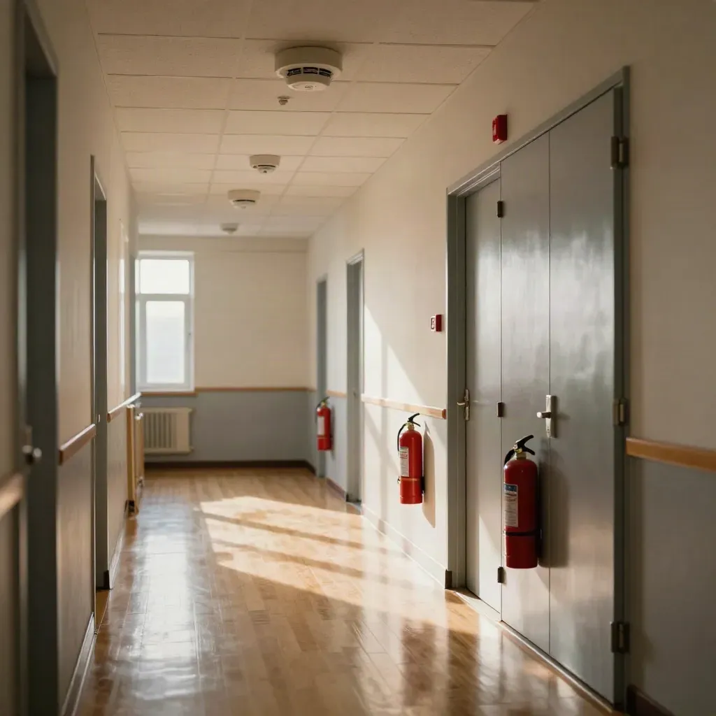 Empty school corridor with detector clusters, fire doors and a polished drill-ready route.