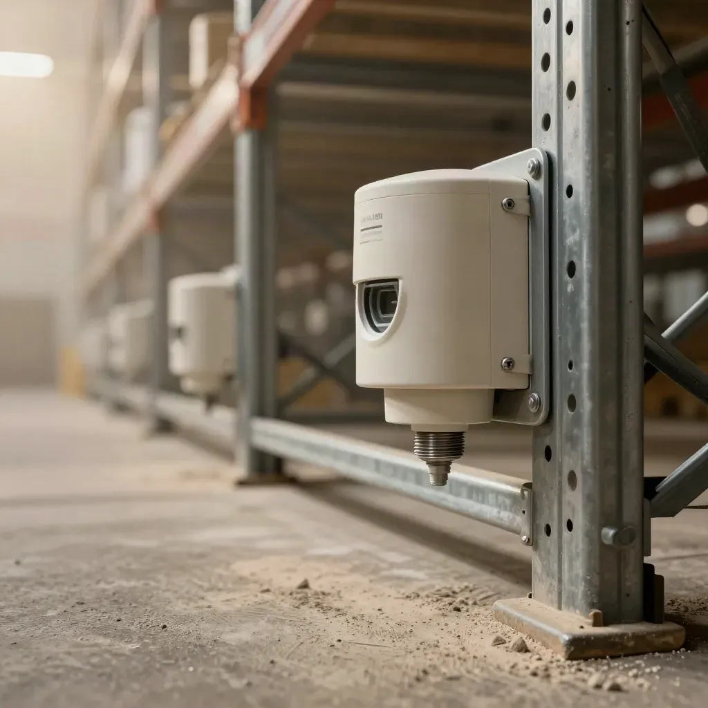 Warehouse bay macro with fresh alarm seals, sprinkler hardware, and drifting industrial haze.