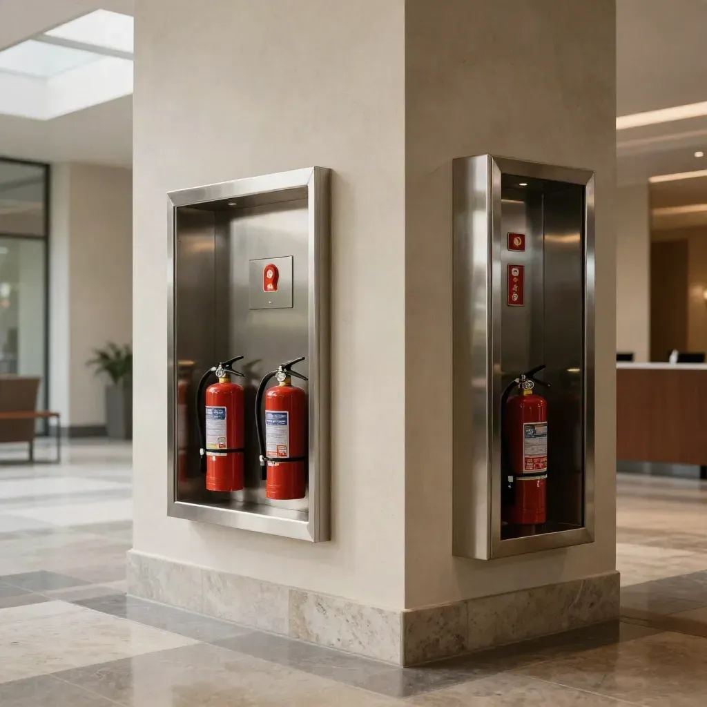 Office tower lobby corner with complete fire extinguisher stations and polished finishes.