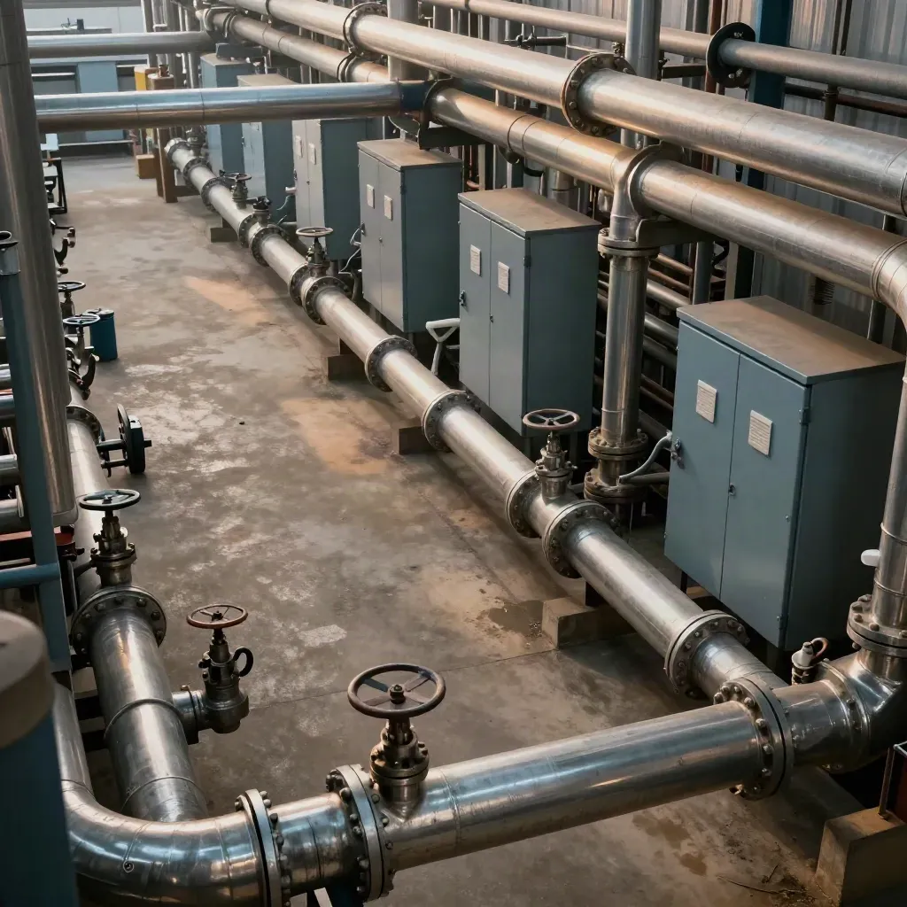 Clean industrial pipe gallery with valves, cabinets, and steam in soft light