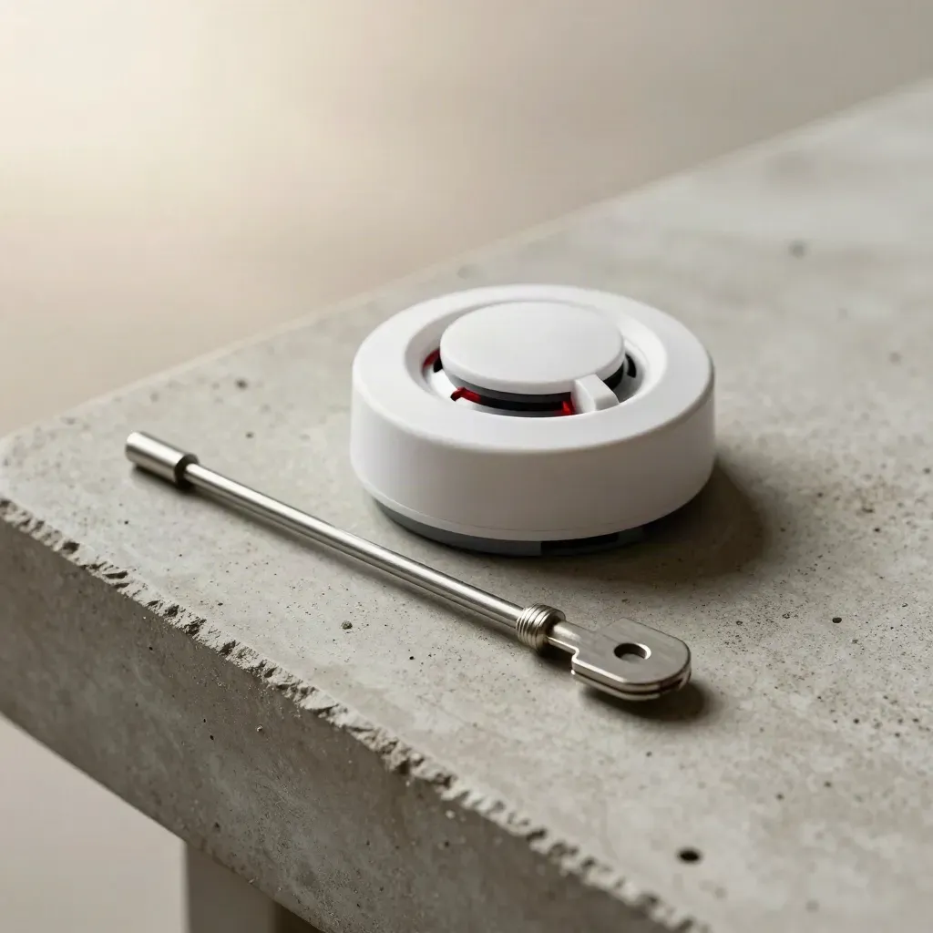 Smoke detector tester, calibration key and sensor head on a dusty concrete bench