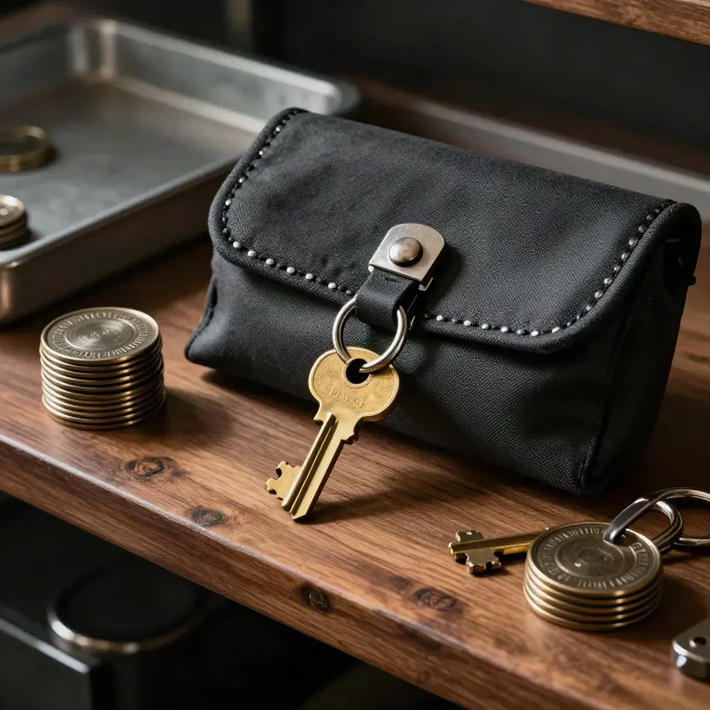 Brass keys, inspection seals, and a charcoal evidence pouch on a fire-safety shelf.