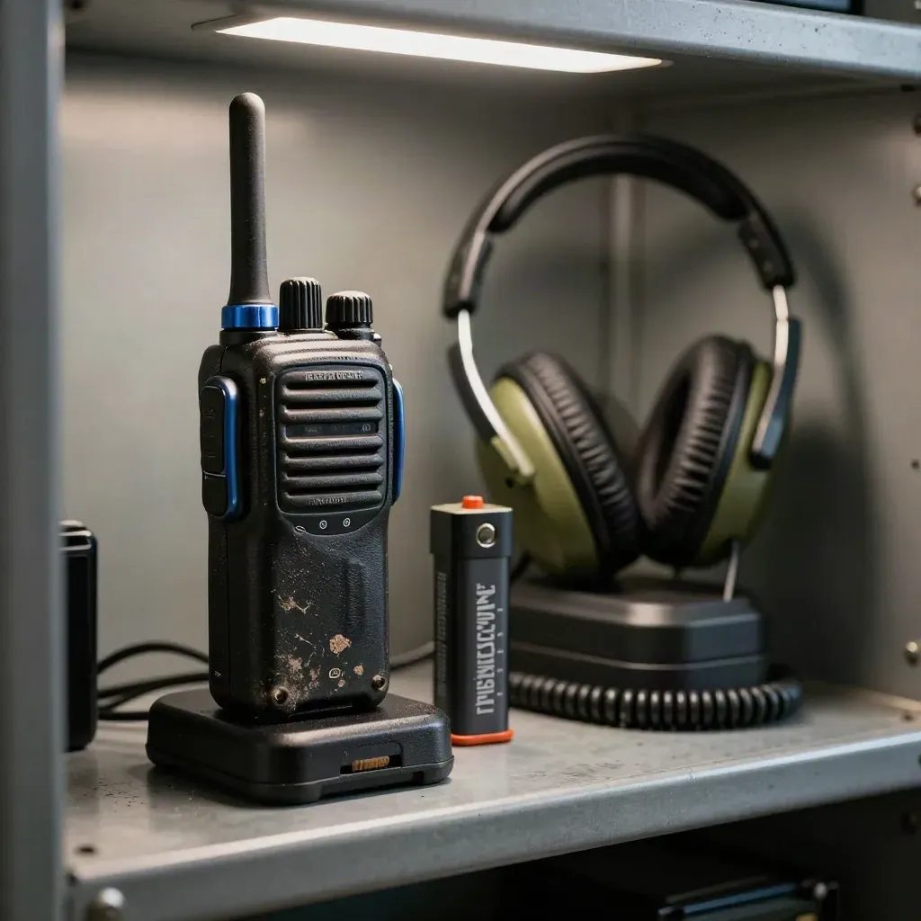 Charged two-way radio, spare battery, and headset cradle on a steel shelf.