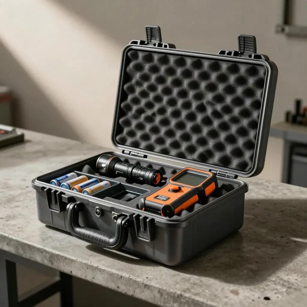 Open fire safety field case with detector tester, flashlight, aerosol can and batteries on a bench.