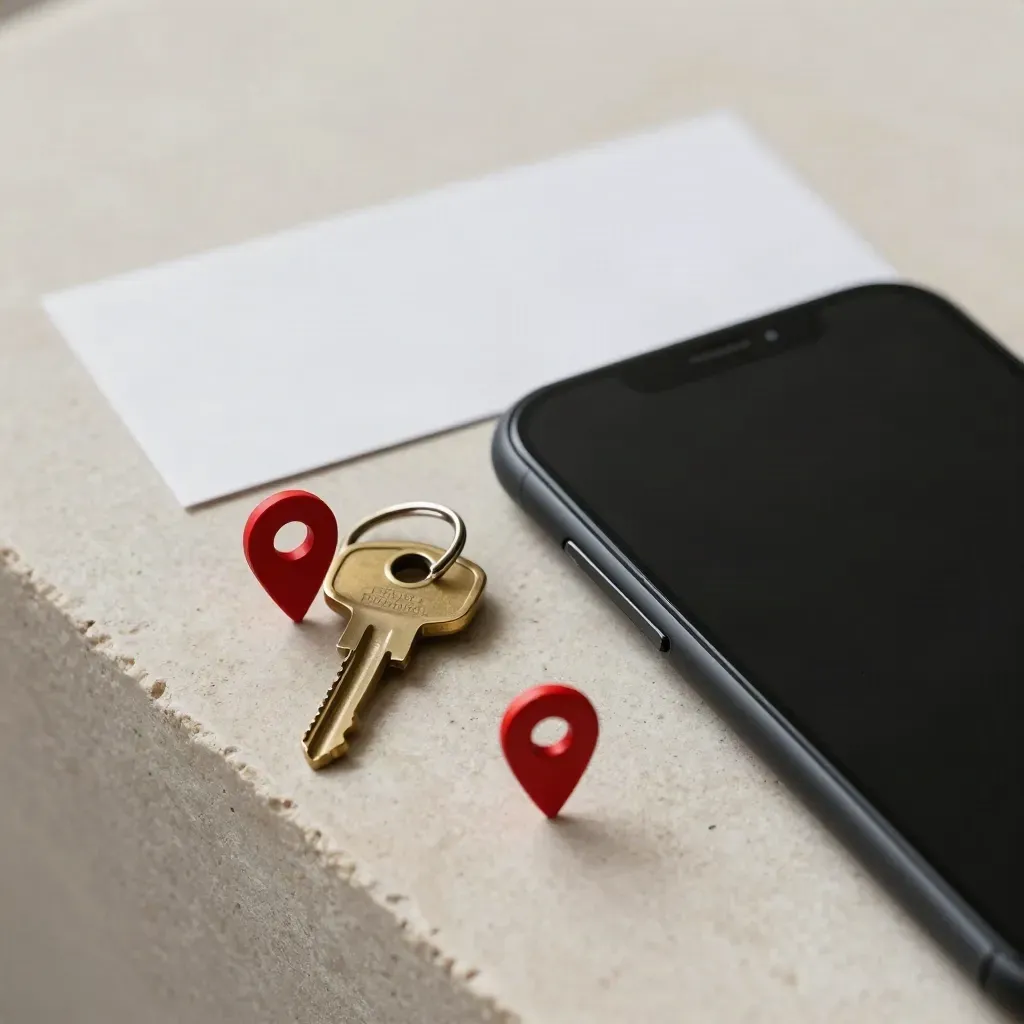 Face-down phone, brass key ring, and red pin token on pale stone