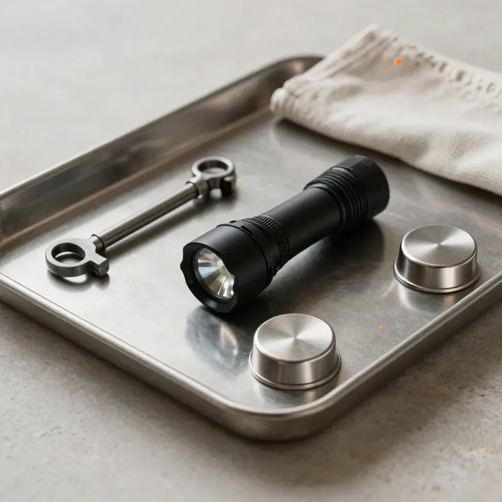 Fire safety inspection tools arranged on a brushed metal tray with soft daylight