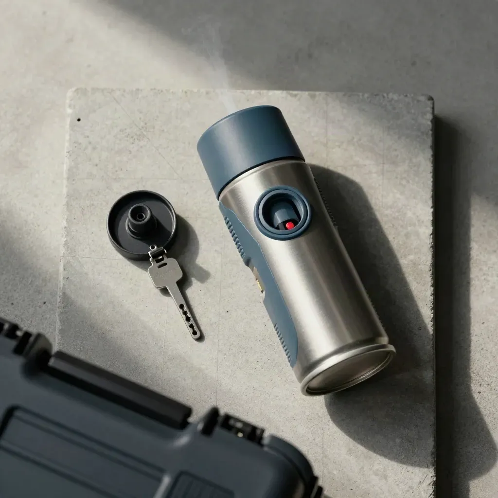 Overhead fire safety service kit with tester, aerosol can, reset key, and sensor head on concrete.
