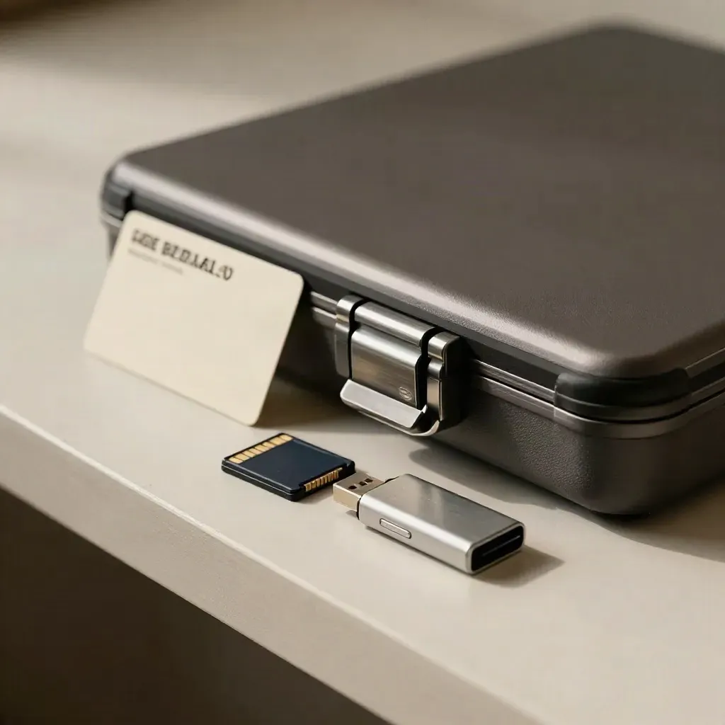 Closed rugged laptop, memory card, USB drive and sealed case on a pale plaster sweep.
