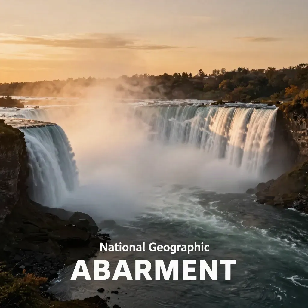 Niagara Falls in sunset haze with gorge mist and open water below