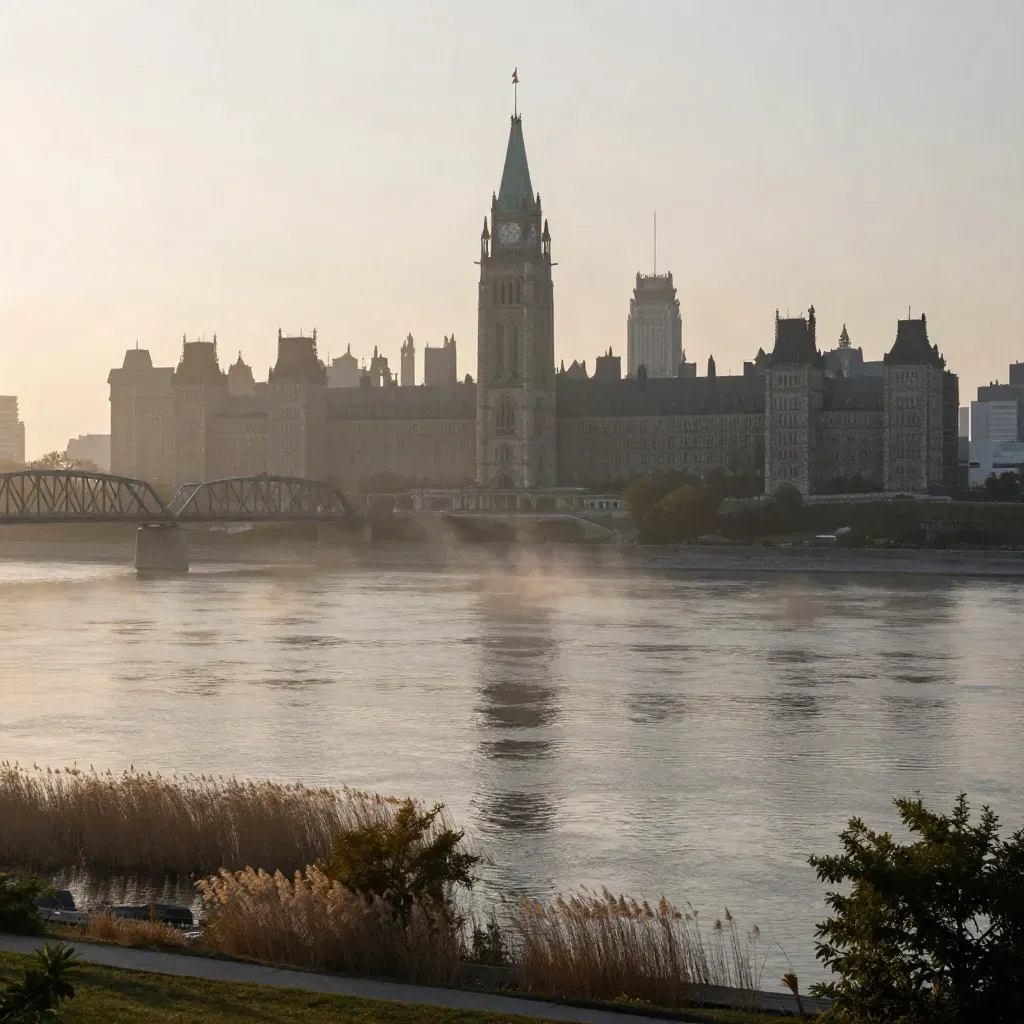 Ottawa Parliament silhouette above the river in soft morning haze with calm copy space below