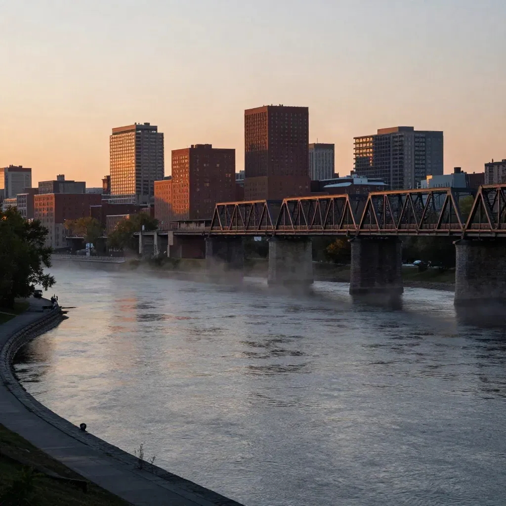 Kitchener skyline and rail bridge over the Grand River at warm dusk, mist and glowing windows.