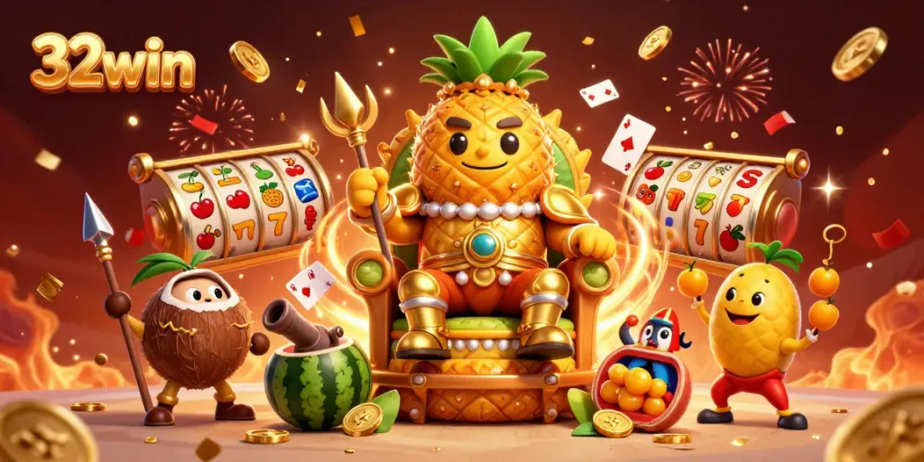 Experience thrilling casino action at 32win with colorful fruit slot reels and dynamic characters.