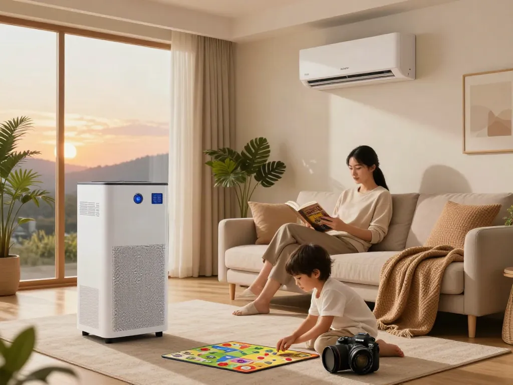 Comfortable living room with ductless AC keeping family cool while they relax and play.