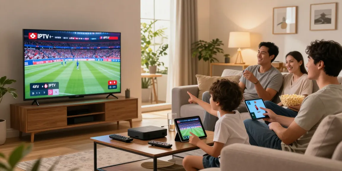 Family enjoying IPTV Canada service in 4K quality within a cozy living room setting.