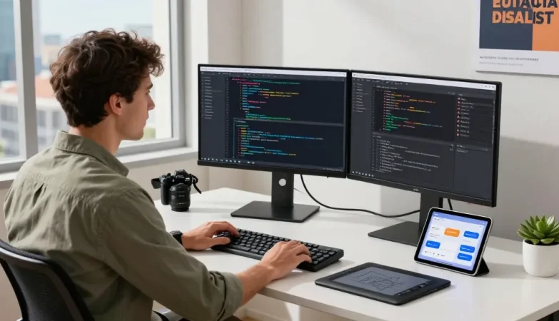 Workspace showcasing a focused developer at the WPS Official Website, creating innovative software solutions.