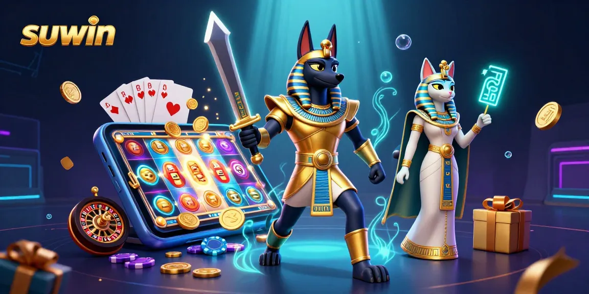 Suwin delivers thrilling gameplay with Anubis and Bastet amidst vibrant slot machines and casino elements.